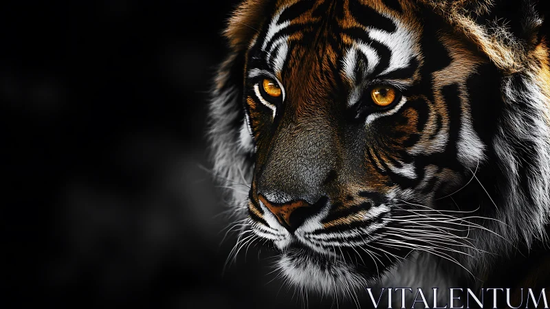 Golden-eyed tiger in quiet spotlight of shadow and light.