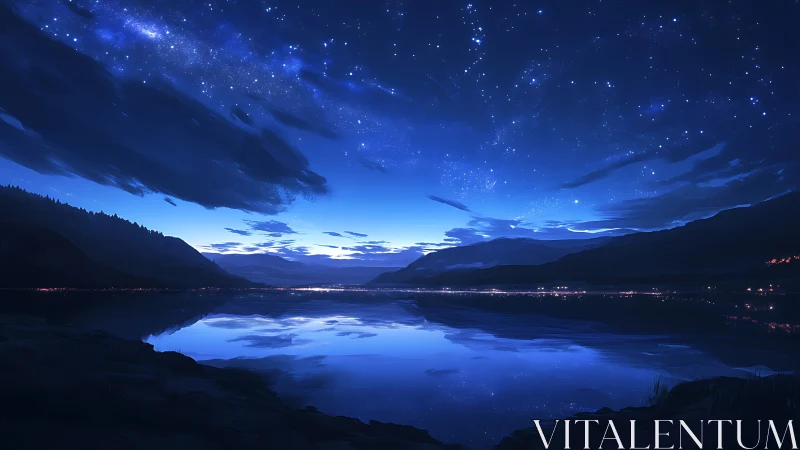 Calm starlit lake with distant mountains and town lights.