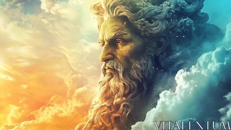 Colossal mythic deity bust emerges from bifurcated sky