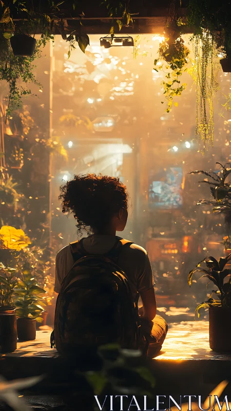 Backlit traveler in lush indoor garden sanctuary at dusk.