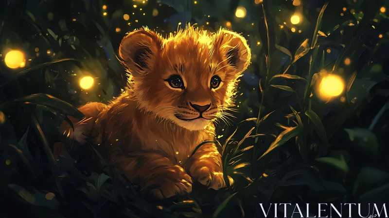 Curious lion cub glowing softly among golden fireflies.