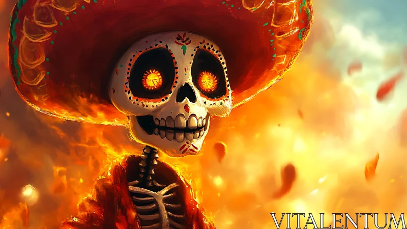 Fiery mariachi skeleton dances through swirling autumn embers.
