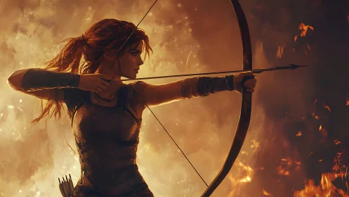 Fiery archer poised in glowing embers of a daring battle.