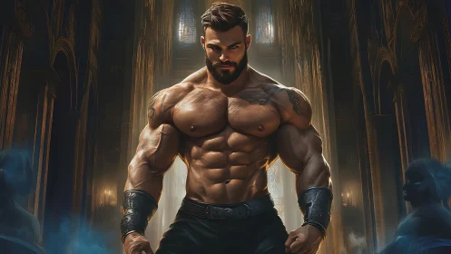 Muscular warrior standing in ornate hall with glowing light.