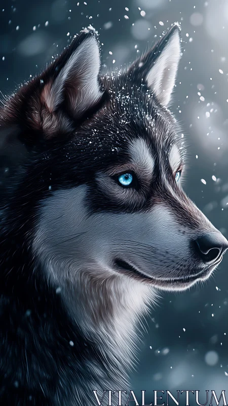 Snowlit husky gazes calmly ahead with bright blue eyes
