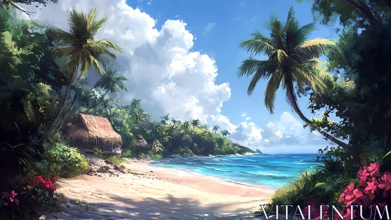 Tropical Beach Sanctuary with Thatched Shelter and Palm Framing