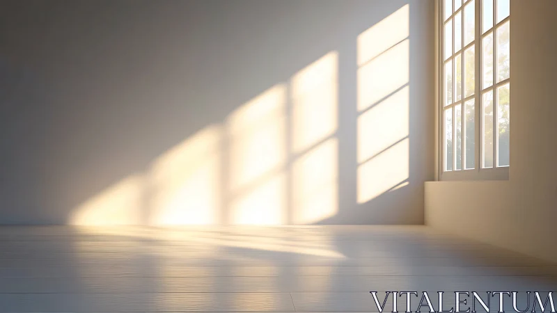 Sunlit empty interior with long window projections and soft bounce light