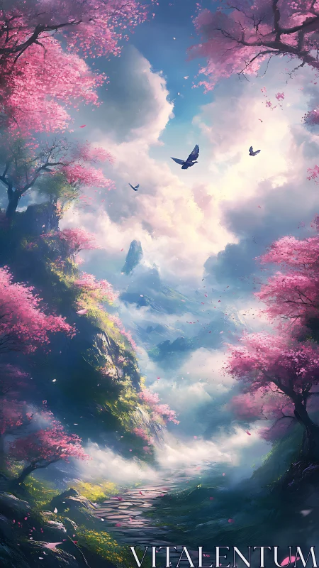 Dreamlike cherry blossom valley opens to a luminous sky