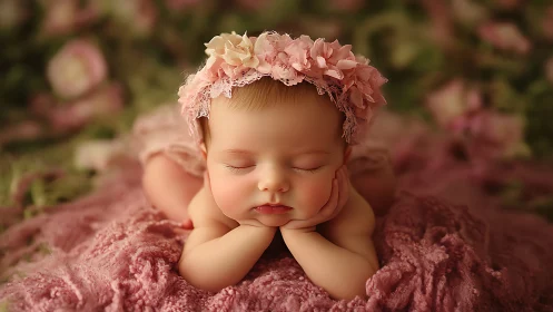 Sleeping Newborn in Pink Florals. Peaceful Portrait.
