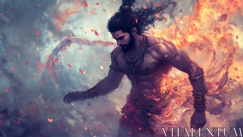 Mythic warrior strides through swirling fire and ash