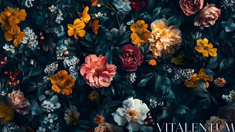 Botanical floral arrangement with dark background and mixed flower species.