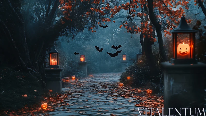 Halloween path shows jack-o-lanterns, bats and lanterns