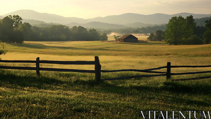 Photographic pastoral valley with barn and layered ridgelines.