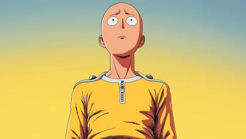 Bald anime character in yellow suit against gradient sky.