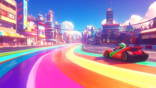 Neon city racetrack with rainbow lanes and stylized kart.
