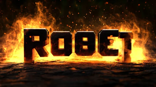 Robotic block text stands in blazing cinematic flames.