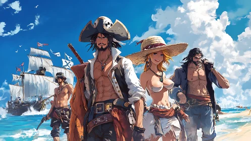 Pirate crew walking on tropical shoreline near sailing ships.