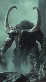 Massive horned creature in foggy rocky environment.