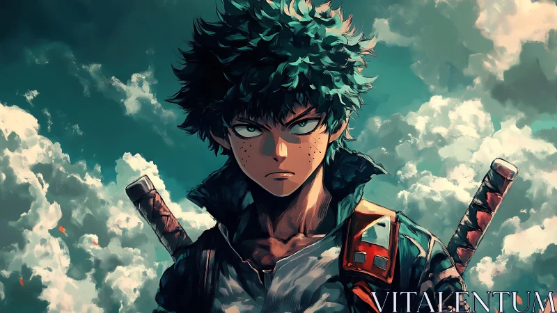 Green haired anime swordsman against cloudy sky backdrop.