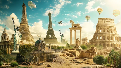 Iconic world monuments merged in surreal golden landscape.