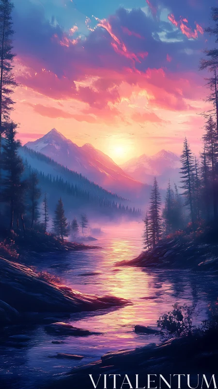 Digital painting of alpine river at iridescent sunset glow.