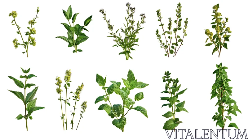 Herbaceous plant specimens isolated on white in systematic layout