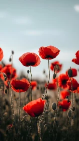 Red poppies with unopened buds against overcast sky.