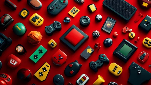 Isometric array of stylized gaming controllers on red plane.