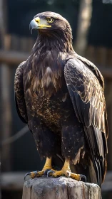 Golden eagle stands alert on weathered wooden perch outdoors