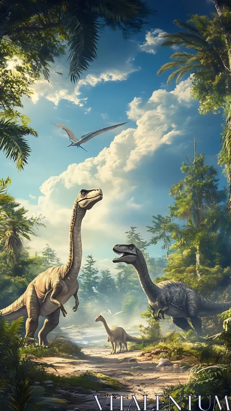 Sunlit dinosaur family wanders peacefully through lush jungle