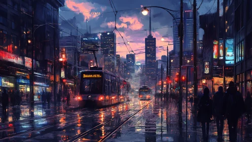 Rain-soaked city tramway glows under a neon dusk sky