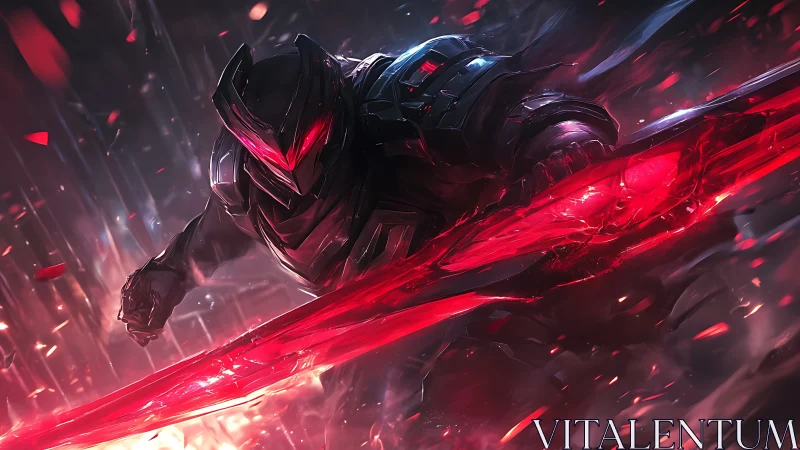 Armored figure advances with red energy blade in motion