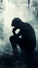 Shadowed thinker kneeling in stormy teal-hazed silence.