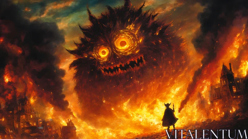 Tiny wizard faces blazing fluff monster in burning city.