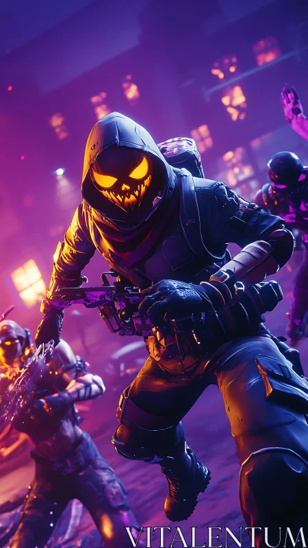 Hooded masked soldier in neon urban combat environment.