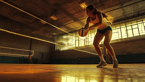 Dynamic indoor volleyball serve under warm directional light.