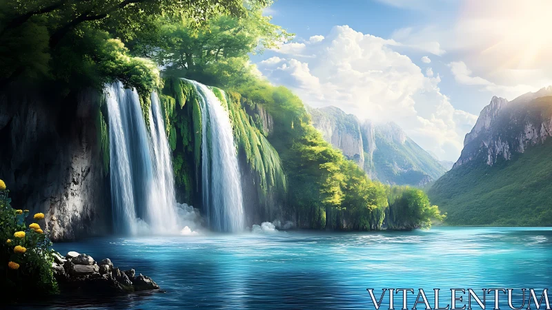 Sunlit emerald waterfalls kissing a crystal-blue dreamlake.