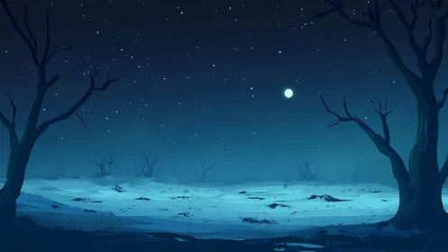 Moonlit winter wasteland under stark barren trees.