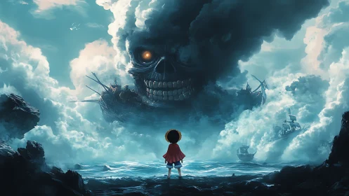 Solitary figure observing colossal skull-shaped storm cloud.