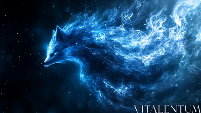 Starlit spirit fox drifting through nebula-blue cosmic tides.