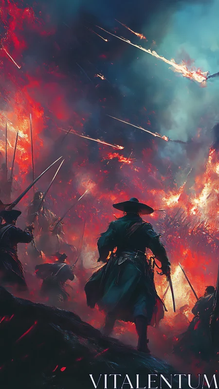 Samurai infantry silhouetted against incendiary night barrage