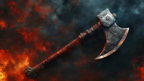 Battle axe rests over burning red and dark smoky background