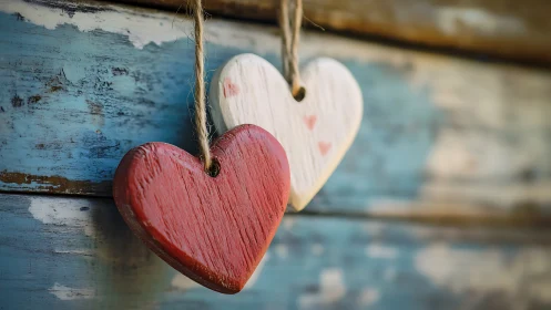 Painted wooden hearts hanging from twine on weathered blue wood surface.