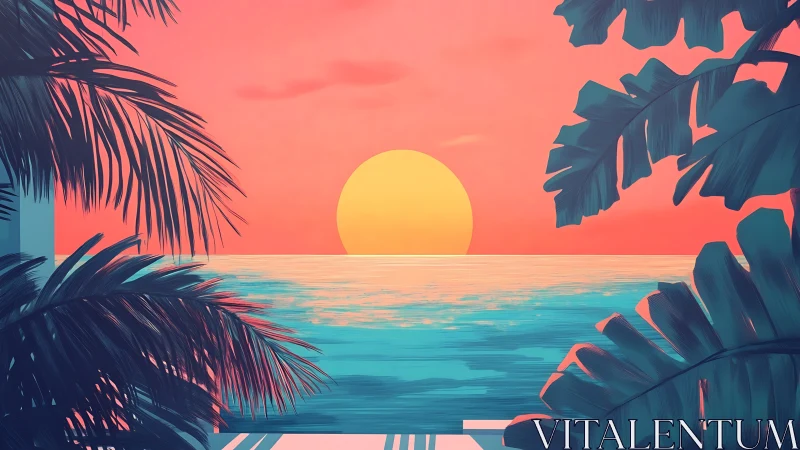 Digital sunset seascape with silhouetted tropical foliage framing.