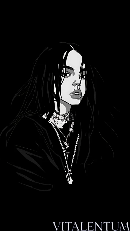 Monochrome portrait of brooding woman with layered chains