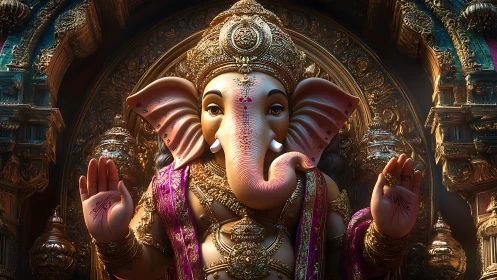 Radiant Ganesha statue surrounded by glowing temple gold.