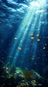 Sunlit underwater reef scene with schooling orange fish