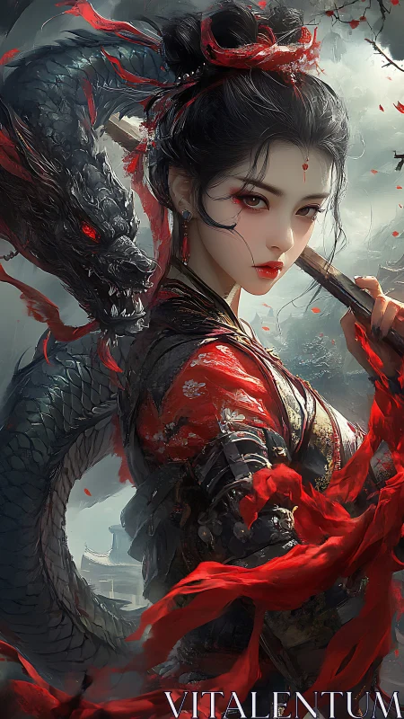 Warrior sorceress with shadow dragon in crimson storm.