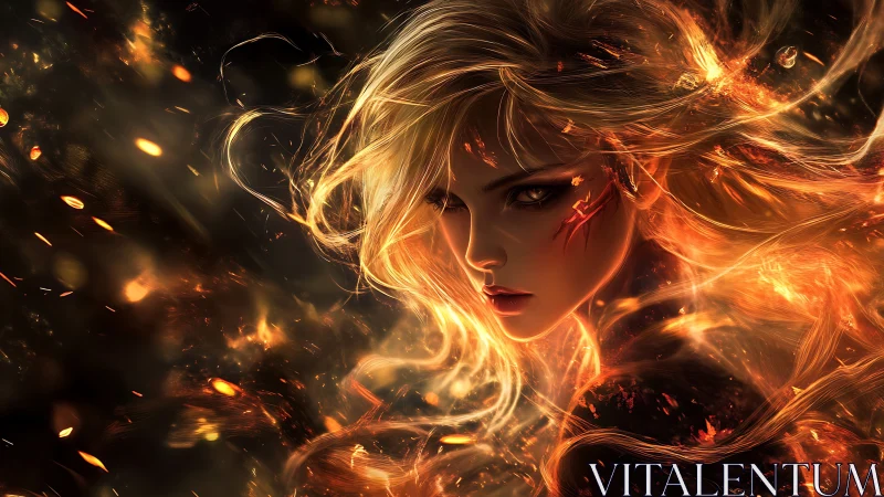 Fiery blonde warrior portrait surrounded by swirling embers.
