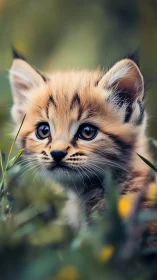 Close view of young wild kitten in soft outdoor foliage.